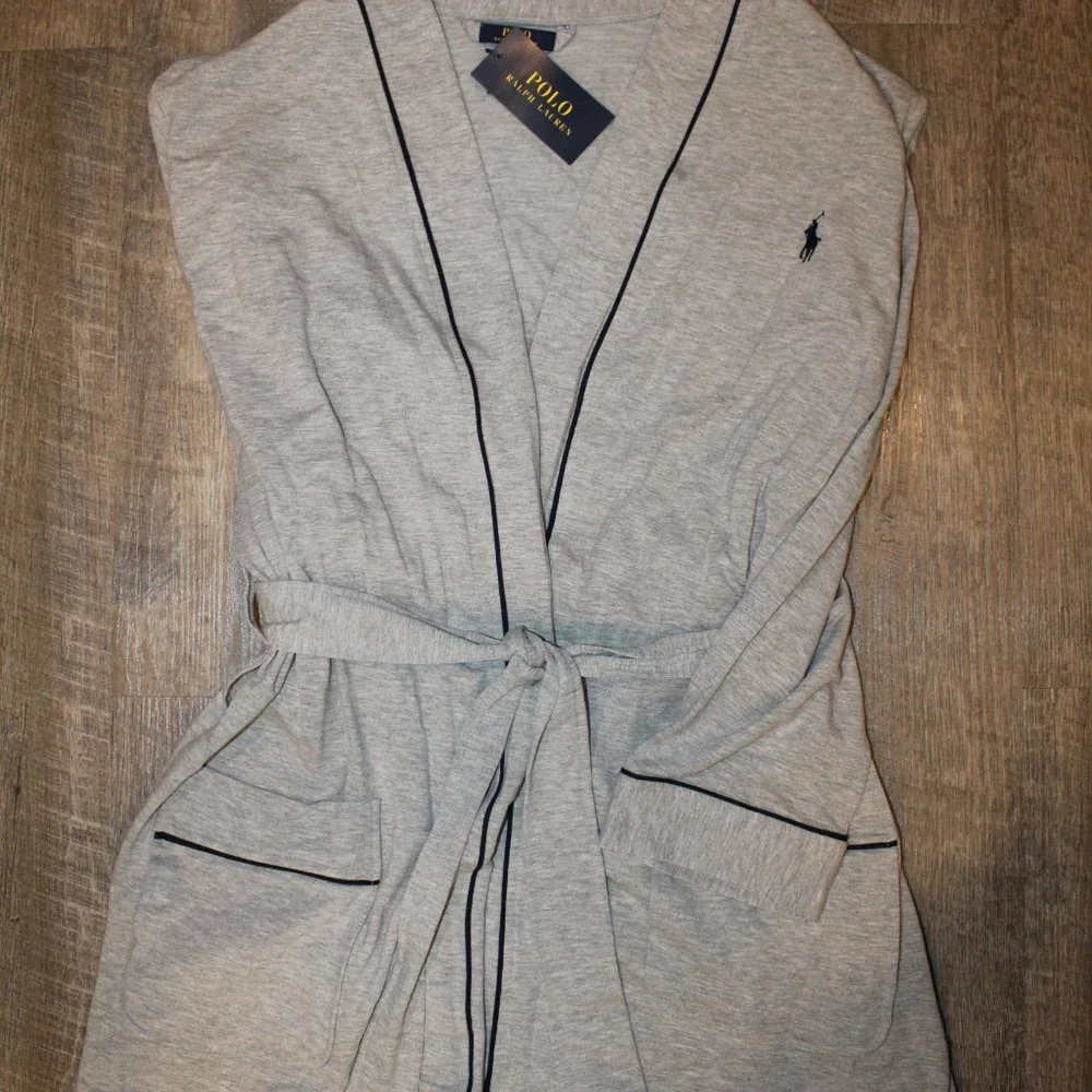 NWT MEN'S‎ TERRY HEATHERED GRAY PIPED BATH ROBE